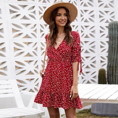 Deenor 2021 Summer New Original Design Heart Printing Tie Dress Print Short-sleeved Tie V-neck Comfortable Dresses