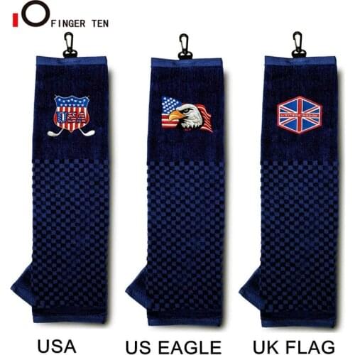 Tri-fold 16"x 22" Golf Towels for Golf Bags with Grommet Clip Embroidered Pattern UK USA Eagle Flag Cotton Drop Shipping