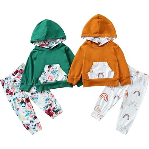Infant Kids Baby Girls Casual Two-piece Clothes Set, Rainbow/ Floral Printed Pattern Hooded Pullover Pants, Caramel/ Dark Green