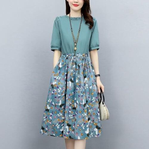 Plus size Cotton linen Floral Stitching Dress Female Summer 2021 New Fashion Slim Short-sleeved Women A-line Dress With pocket