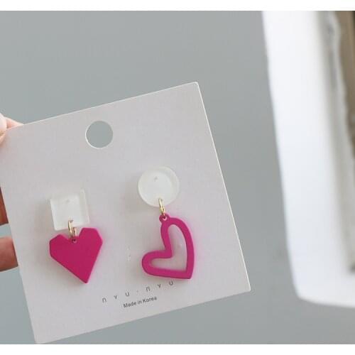 Silver Needle Japan and Korea Fluorescent Rose Red Asymmetric Love Hollow Earrings Ins Wind Cute Acrylic Stud Earrings Jewelry