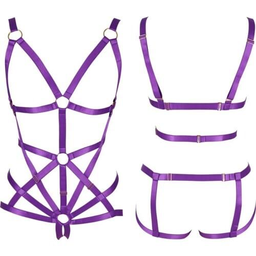 Sexy Purple Lingerie Gothic Body Strappy Top Chest Bodysuit Garter Suspender Crotchless Panties Bandage Harness Bra Club Dance