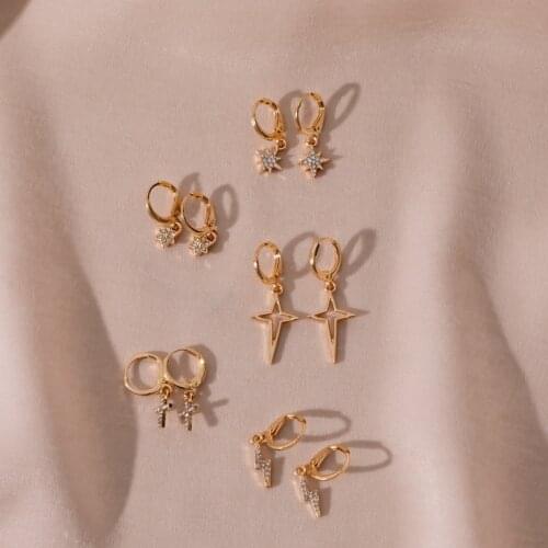 Delicate Zinc Alloy Cross and Star Drop Earrings for Women Crystal Lightning Dangle Earrings Jewelry Party Banquet Accessories