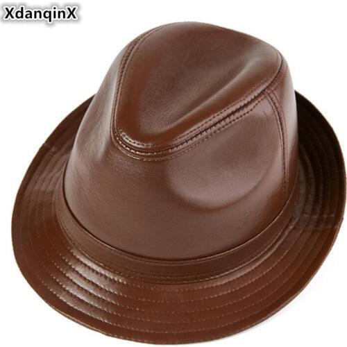 XdanqinX Genuine Leather Hat Autumn And Winter Mens Retro Fedoras Gentleman Jazz Hat Elegant Womens Sheepskin Leather Flat Cap