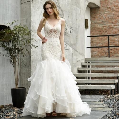 Vestidos de novia Sexy v neck Mermaid Wedding Dress Lace Applique Ruffles Sheer V Back Luxury Bridal Wedding Gown свадебные плат