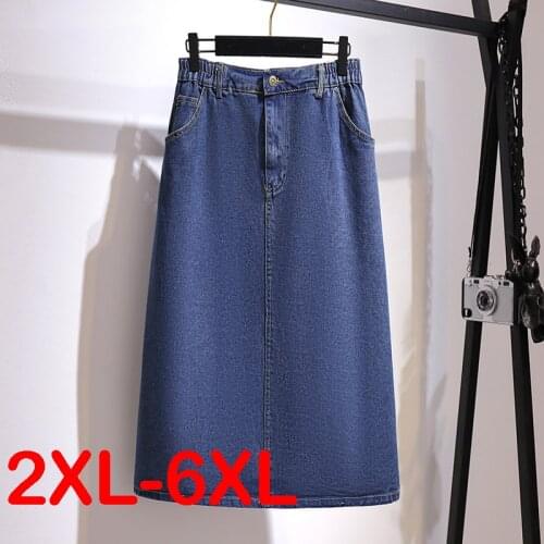 Plus Size Women 2XL-6XL Denim Trendy Korean A-line Simple Design Womens Skirt Elastic Waist Mid-length Temperament Skirt Blue