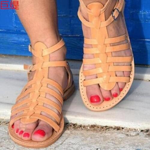 Summer woman sandals PU Buckle Strap Flat Toe Round Toe Shallow Roman shoes Low Heels Shoes sandal for women shoes size 36-44