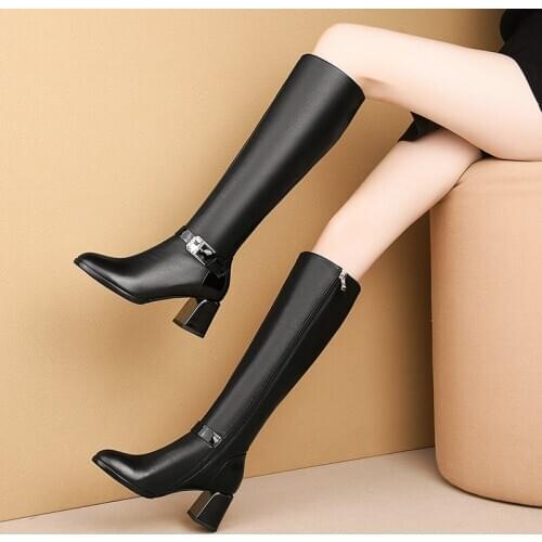 Concise 2020 Winter Knee High Boots Round Toe Thick Heels Shoes Woman Genuine Leather Round Toe Dancing Basic Boots