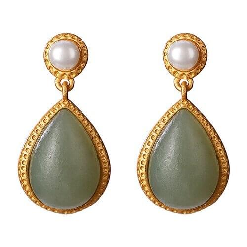925 sterling silver gold plated Hetian jade Qiemo Blue Pearl Ear studs Personality Drop-shaped Ladies Eardrops Earrings