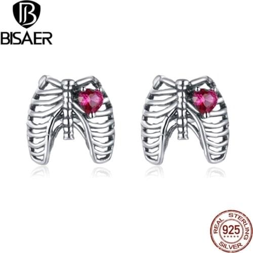 BISAER Rib Ear Studs Earrings Real 925 Sterling Silver Red Enamel Stud Earrings For Women Wedding Jewelry ECE970