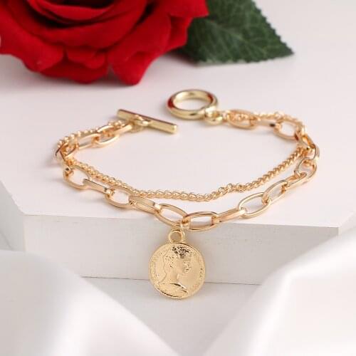 IPARAM Womens Portrait Thick Chain Pendant Bracelet Vintage Punk Metal Double Chain Pendant Alloy Bracelet Fashion Jewelry Gift