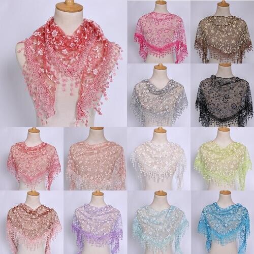 Women Lace Tassel Triangle Scarf Sheer Metallic Women Bandage Floral Scarves Shawl Female Triangle Bufanda Mujer