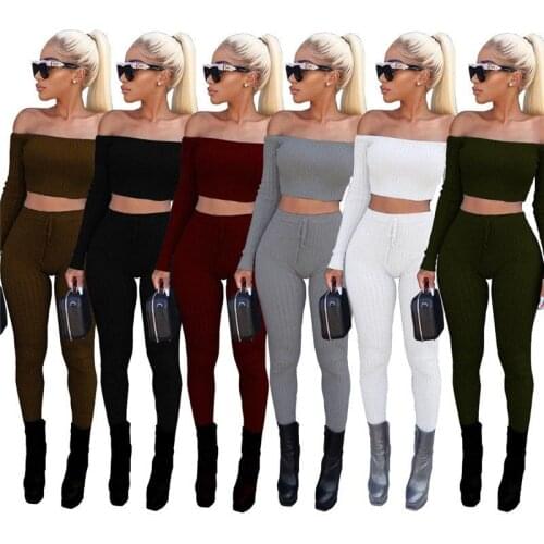 Autumn Winter High Elastic Women 2 Piece Set Sexy Slash Neck Long Sleeve Crop Tops +Skinny Pants Women Tracksuit 6 Colors 2xl