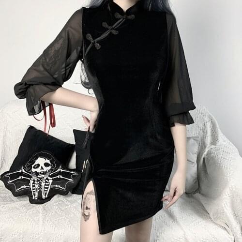 Womens Gothic Punk Velvet Chinese Cheongsam Stand Collar Tight Bodycon Harajuku Dress Girls Mini Dresses Streetwear Qipao Slim