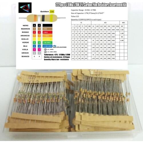 1/8W 122valuesx10pcs=1220pcs 0.33R~4.7M 5% Carbon Film Resistor Assorted Kit BOX