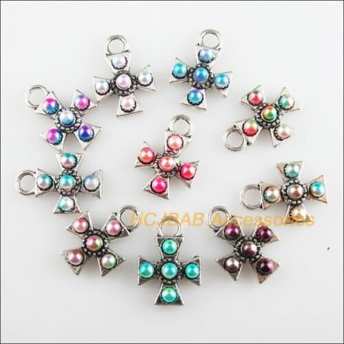 20 New Cross Charms Mixed Acrylic Flower Pendants Tibetan Silver Tone 12.5x18mm
