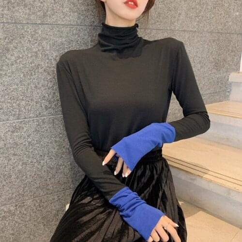 2019 Brand New Color Block Long Sleeve Women Fashion T-shirt Turtleneck Slim Basic Tee Shirts Autumn Tops Plus Size Camiseta