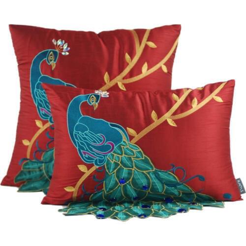 36x50/50x50cm classical Chinese peacock embroidery cushion cover silk like fabric lumbar pillowcase headrest waist pillow cover