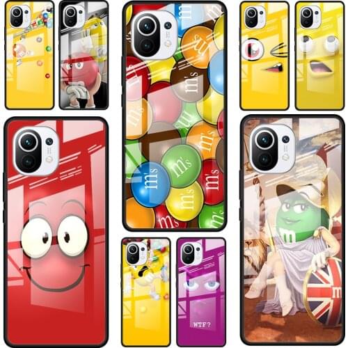 Cute M&M Chocolate for Xiaomi Mi 11 Ultra Lite 10T Note 10 9T Pro CC9 CC9E 5G Luxury Tempered Glass Phone Case Cover
