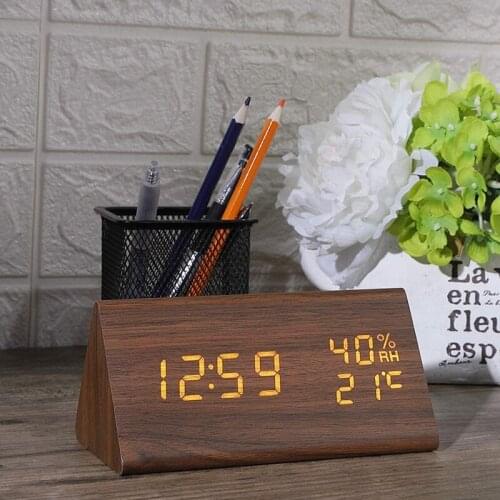 Digital Alarm Clock Wooden LED Clock Time Display 3 Alarm Settings Humidity & Temperature Detect for Bedroom, Office