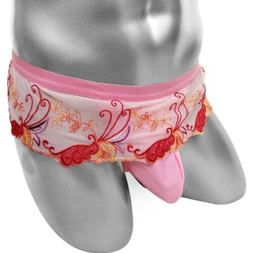 Floral Embroidery Sissy Panties with Bulge Pouch For Men Thong Underwear Sexy Lingerie T Back G Strings Underpants