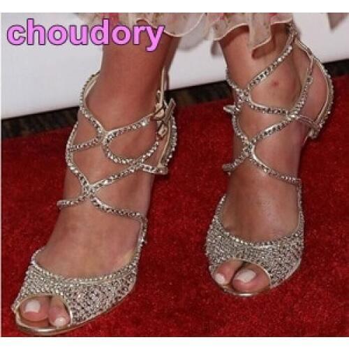Graceful Silver Crystal Women Thin Super High Heel Shoes Peep Toe Hollow Out Covered Heel Sandals Party Fashion Dress Shoes