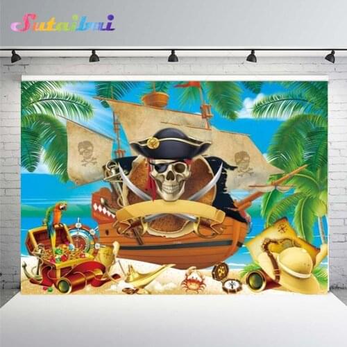 Pirate Ship Island Treasure Map Sea Sailboat Background Adventure Baby Shower Birthday Party Backdrop Photo Studio Decoration