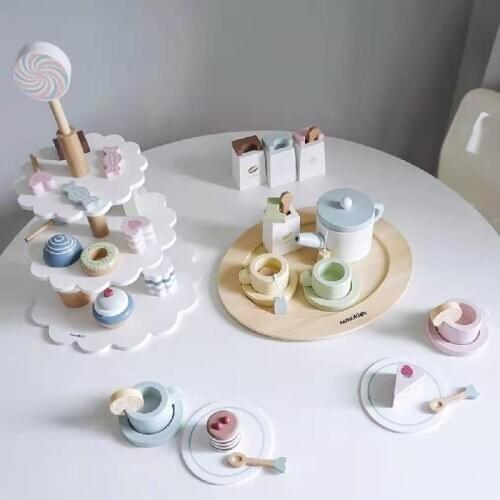 Simulation Tea Set Teapot Childrens Play House Kitchen Set Afternoon Tea Dessert Ice Cream Cake Wooden Cognitive Toys