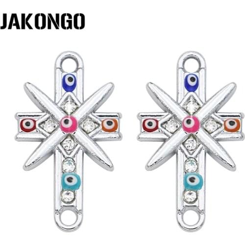 JAKONGO Silver Plated Crystal Cross Evil Eye Connector for Jewelry Making Bracelet Findings DIY Accessories 24x14mm 5pcs