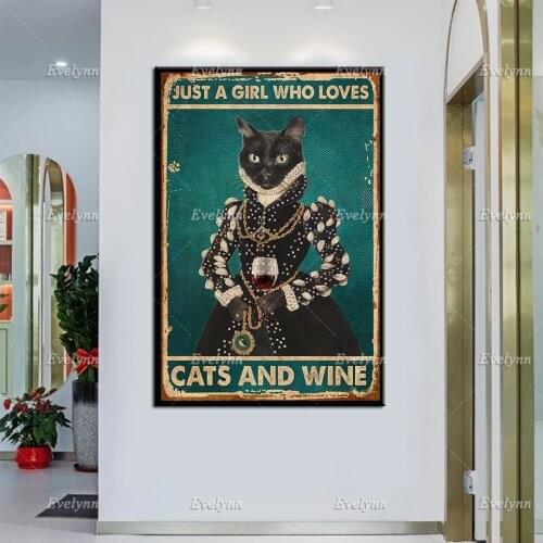 Just A Girl Who Loves Cats And Wine, Canvas Art,Cat Retro Poster,Cat Lover Gift,Cat Print,Black Cat Art,Funny Kitty,Home Decor