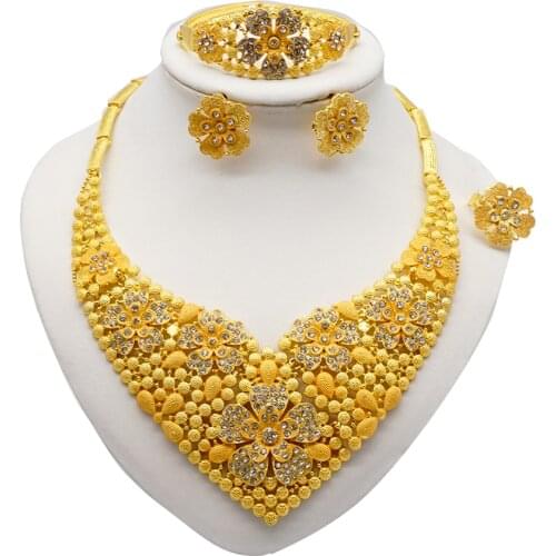 Dubai 24K Gold Color Jewelry Sets For Women Luxury Necklace Earrings Bracelet Ring African Wedding Wife Gifts Jewelery Set