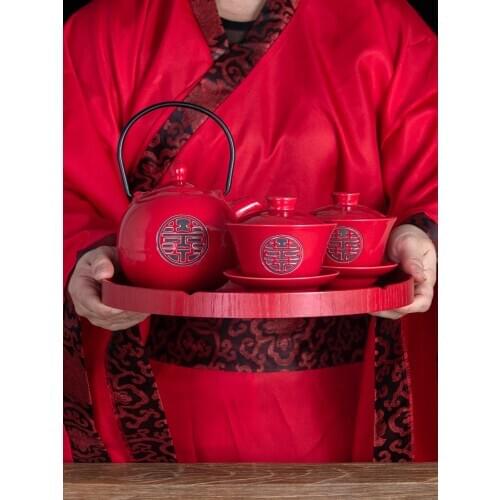Chinese style red double happiness tea bowl covered wedding tea cup pot senior parents respect teacup teapot dowry gift box