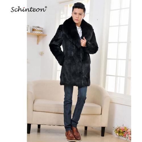 Mens 100% Real Genuine Rabbit Fur with Fox Fur Collar Long Coat Jacket Outwear Warm Winter High Quality Custom made Black