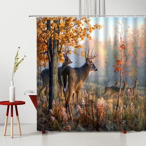 Elk Shower Curtain Oil Painting Plant Forest Deer Animal Modern Background Wall Decor Washable Home Supplies Bathroom Curtains