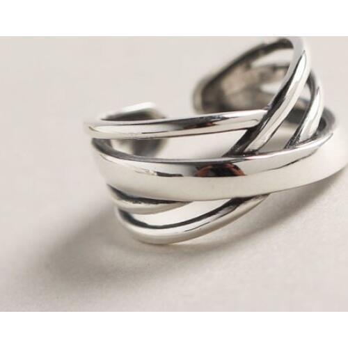 Authentic S925 Sterling Silver FINE Jewelry Multi-Layers Line Crossed Twisted Band Wider LONG Rings adjust TLJ555