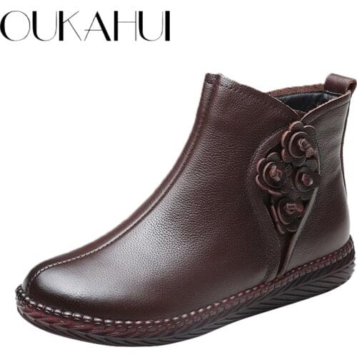 OUKAHUI 2020 Genuine Leather Winter Boots Women Warm Plush Low Heel Fashion Flower Comfortable Flat Ankle Boots For Women Soft