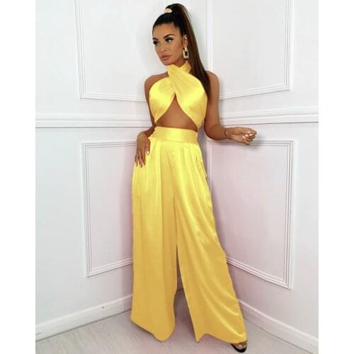 Sexy Chic Satin Women Two Piece Set Summer Halter Tank Top High Waist Palazzo Pants Set Fashion Party Club 2 Piece Set
