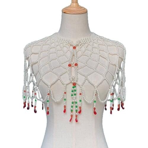Luxury Womens Banquet ABS Pearl Shawl Necklace Statement Handmade Woven Retro Beaded Sweater Chain Wedding Wide Layers Necklace