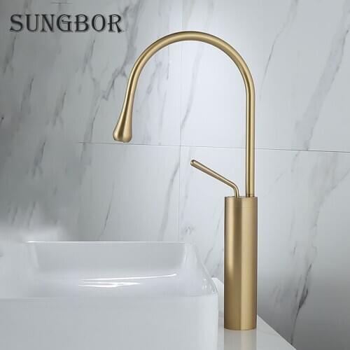 Nordic brushed gold copper washbasin hot and cold rotating faucet, light luxury undercounter basin, golden simple washbasin fauc