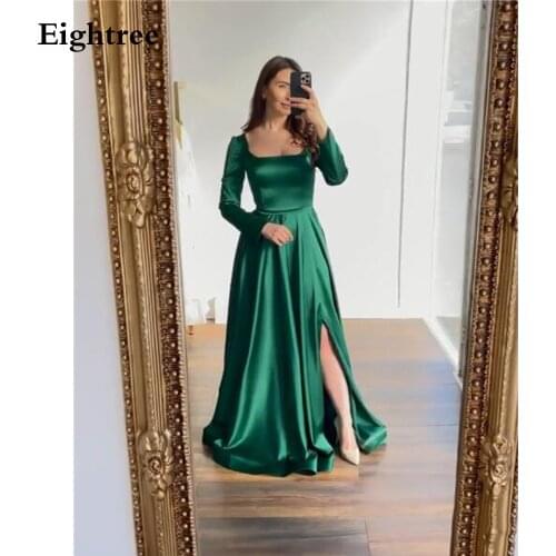 Eightree Green Long A Line Side Slit Evening Party Dress Boat Neck Long Sleeves Floor Length Formal Gown Pleated Dress