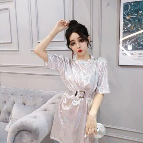 Bling Summer Top for Women Korean Fashion Short Sleeve T Shirt Sexy Round Neck Womens Loose Casual Tops Femme with Belt Y710