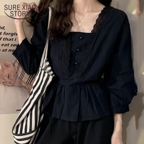 2020 Summer Square Collar Nine Quarter Sleeve Casual Button Ladies' Tops Slim Lantern Sleeve Top Vintage Lace Blouse Women 9697