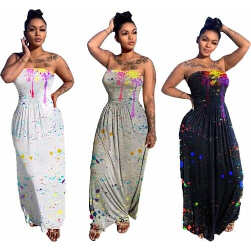 2021 High Waist Backless Strapless Splash Ink Print Long Dress Sexy Tight Club Party Ladies Bandage Dresses Vestidos Beach Dress