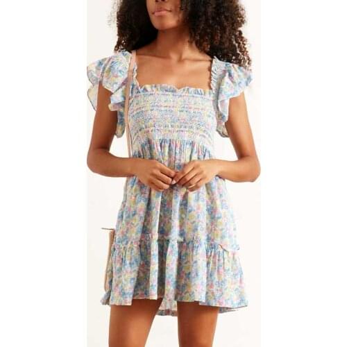 Boho Inspired Womens Blue floral Dress cotton mini ruffle dress women smocked bodice cute summer dress square neck party dress