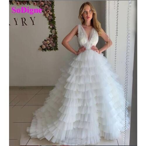 SoDigne Soft Tulle Tiered Evening Dress 2021 Sexy V Neck Formal Prom Party Gowns Celebrity Pageant Dress Custom Made