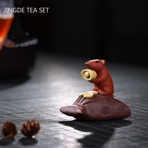 1PCS Boutique Purple Clay Tea Pet Mouse Purse Model Tea Figurine Ornaments Handmade Tea Set Decoration Accessories Crafts