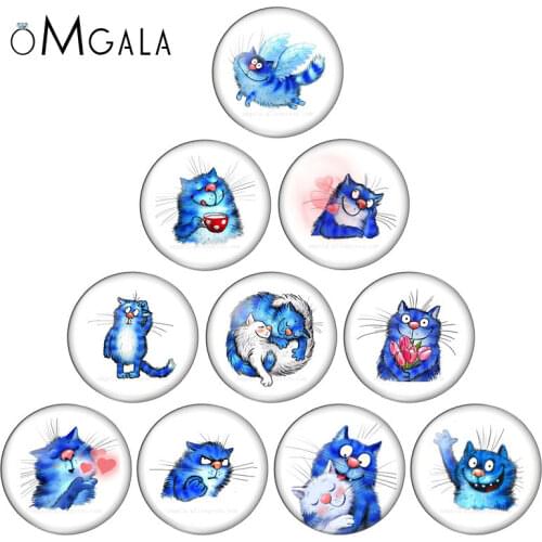 Cartoon Blue Cat Art Paintings 10pcs 12mm/14/16/18mm/20mm/25mm Round photo glass cabochon demo flat back Making findings