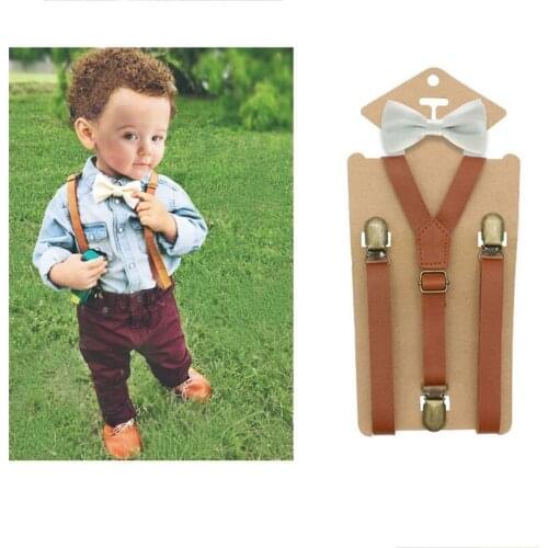 3 Clips Y Back Kid Brown Tan Leather Suspender Birthday Outfit 80*2cm Adjustable