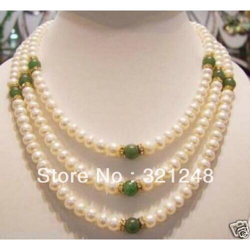 Free shopping new 2014 diy Genuine 7-8 mm freshwater pearl and green chalcedony round beads chain necklace GE5280