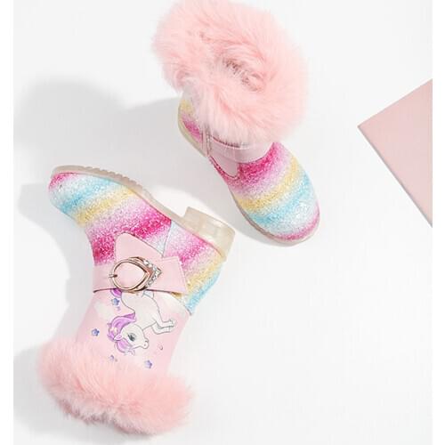 Toddler Girls Unicorn Princess Boots for Baby Girls Glitter Fleece Snow Boots Children Ivory White Shoes Winter Warm Christmas